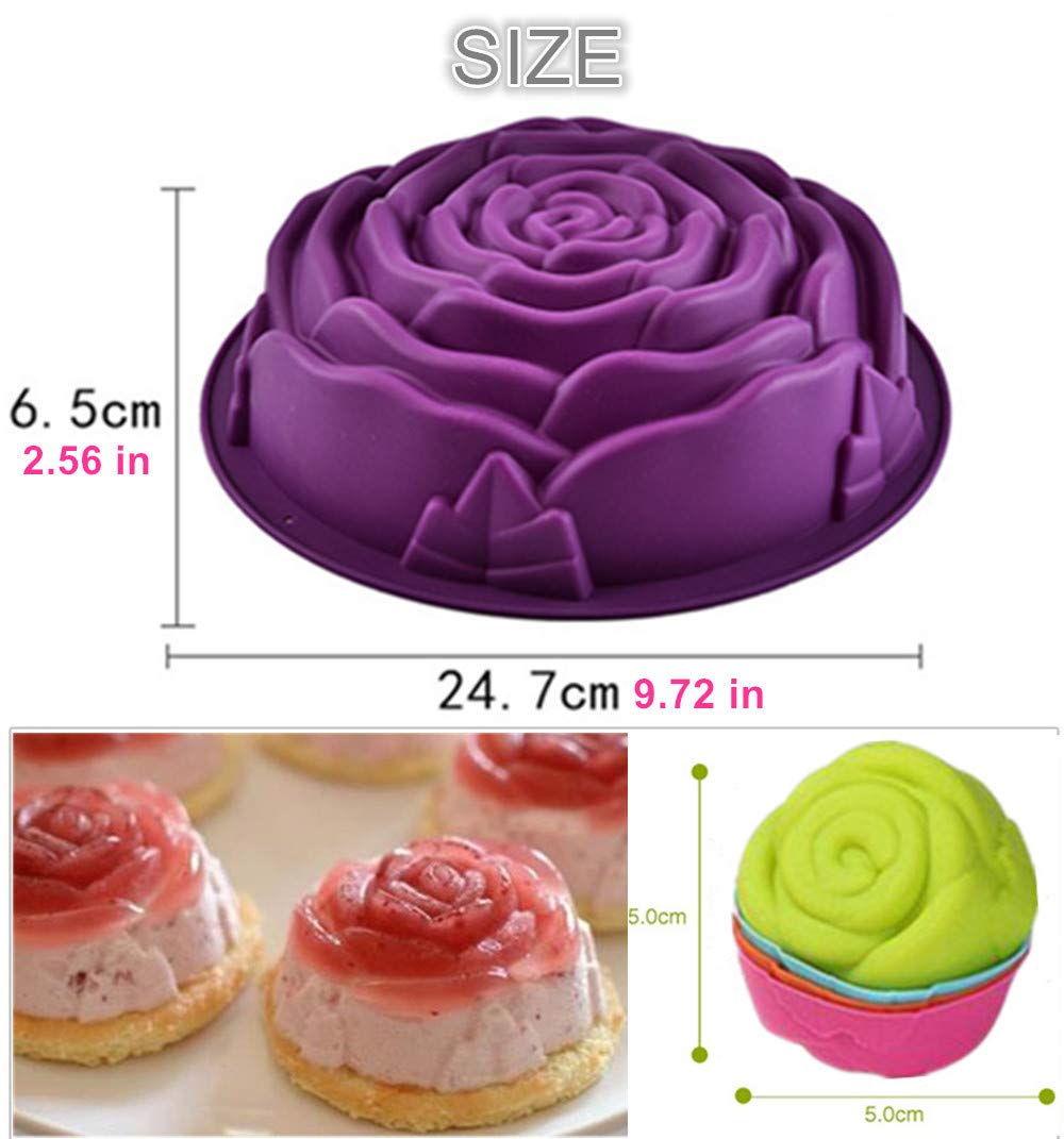 KeepingcooX Rose Flowers Silicone Mould Set - 9 Inch Large + 4 Small/Mini Muffin Mold, Anniversary Birthday Cake Pan, Handmade Soap, Pudding, Chocolate, Ice Cube Molds, Cake Topper Decoration