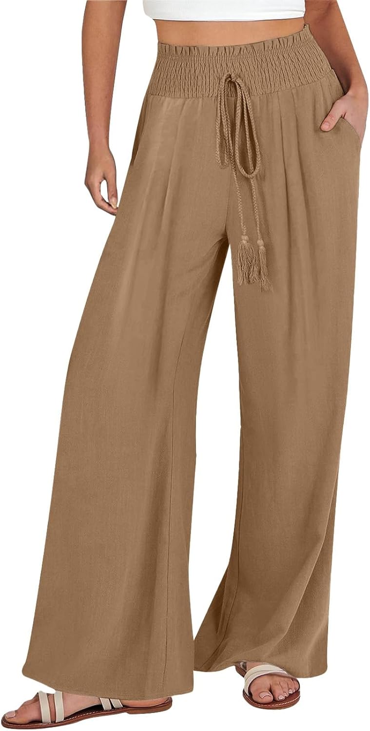 Office Wear for Women Linen Pants 2025 Summer Casual Loose Wide Leg Palazzo Pants Spring High Waist Flowy Lounge Pants