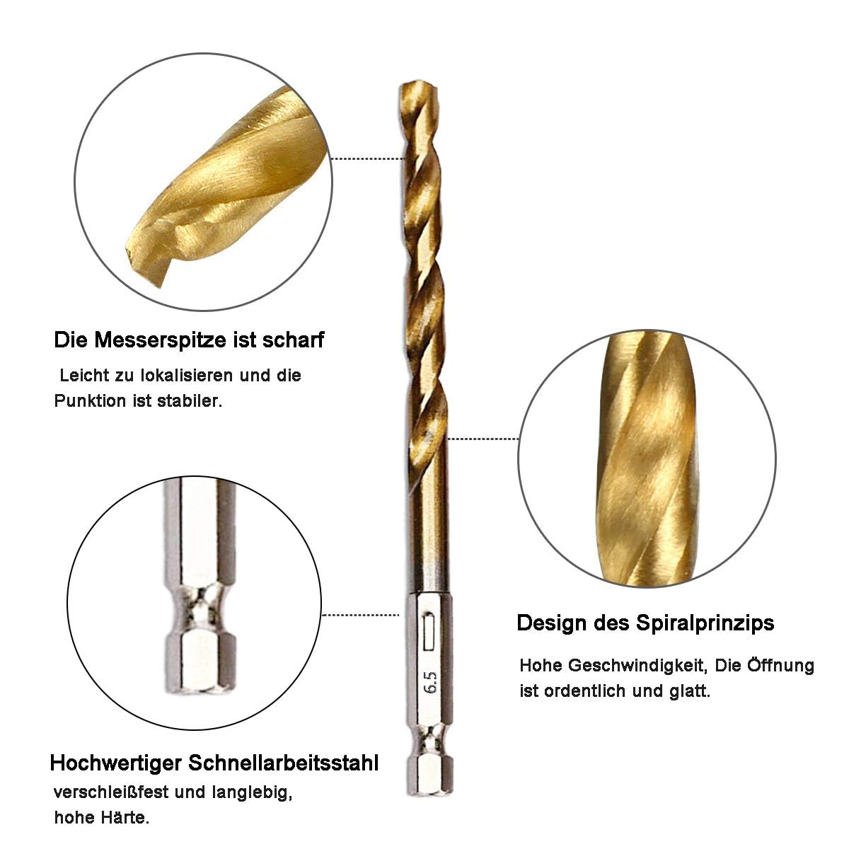 Zestaw wierteł, 13 sztuk, trzpień sześciokątny, stal High Speed z powłoką tytanową, 1,5-6,5 mm, narzędzia do wkręcania wierteł