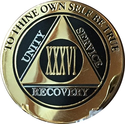 Recoverychip 36 Year AA Medallion Elegant Black Gold Silver Bi-Plated Alcoholics Anonymous Chip