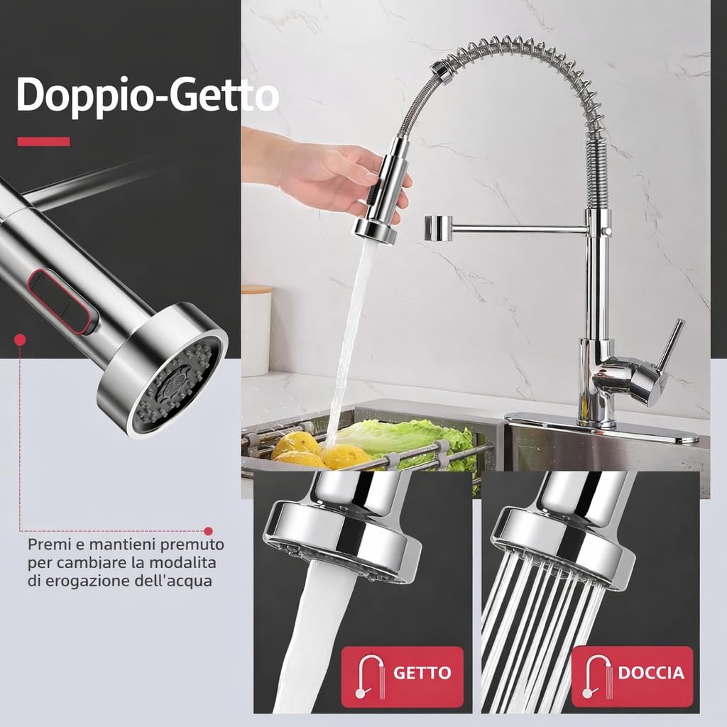 Cobbe Rubinetto da cucina, rubinetto ad alta pressione con doccetta estraibile, 2 funzioni di spruzzo, girevole a 360°, miscelatore per lavello