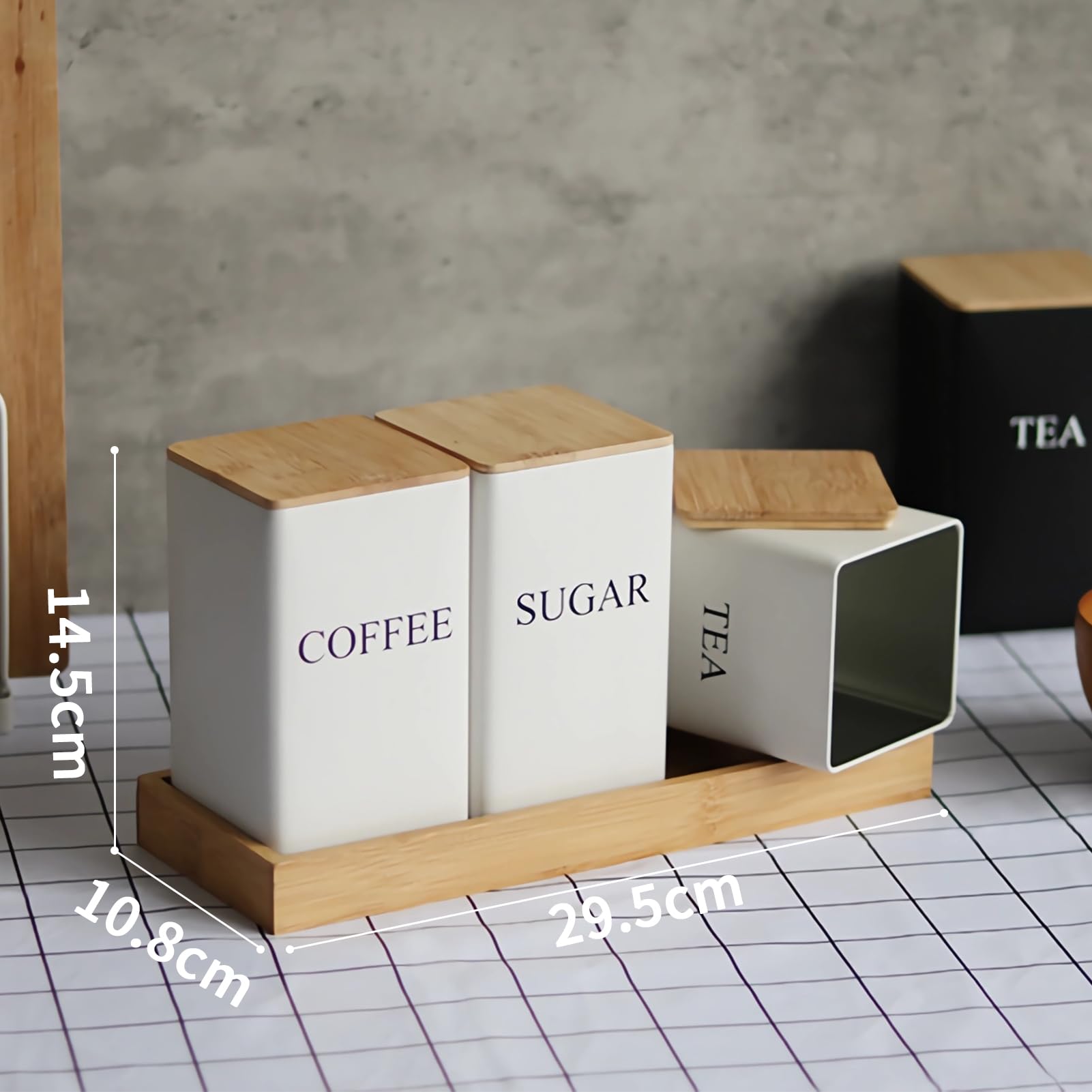 Juego de 3 recipientes herméticos para té, azúcar y café con tapas de bambú, recipientes herméticos para almacenamiento de alimentos, tarros de hierro con recubrimiento en polvo resistentes a