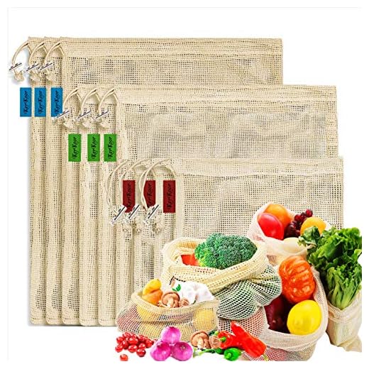Reusable Organic Cotton Produce Bags - Set of 9 Cotton Mesh Bags with Drawstring Tare Weight Eco-Friendly Net-zero Bulk Shopping Storage Bag for Fruit, Vegetable, Toys