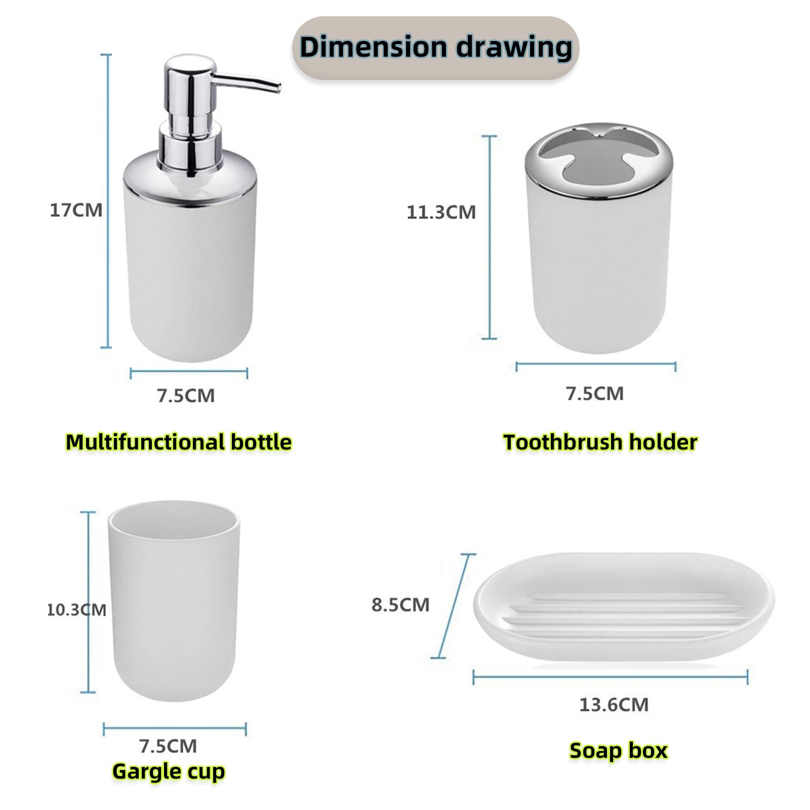Hosoncovy 4 Pieces Bathroom Accessory Set including Soap Dispenser, Bathroom Cup, Soap Dish ,Toothbrush and Toothpaste Holder (White) - Image 2