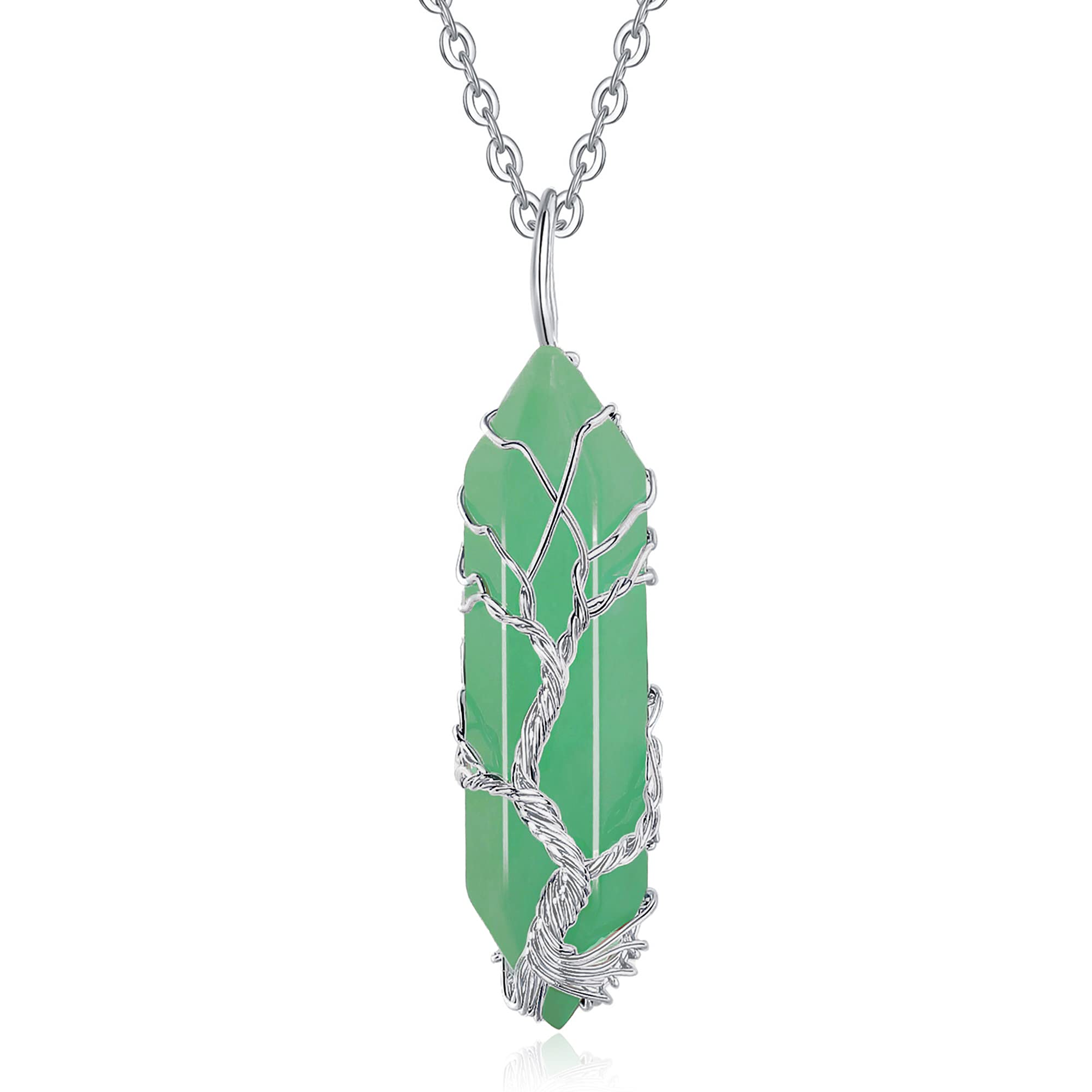 XIANNVXI Tree of Life Wire Wrapped Green Aventurine Crystal Point Pendant Necklace Reiki Healing Crystal Stone Necklaces Natural Spiritual Hexagonal Gemstone Quartz Jewelry for Women Men