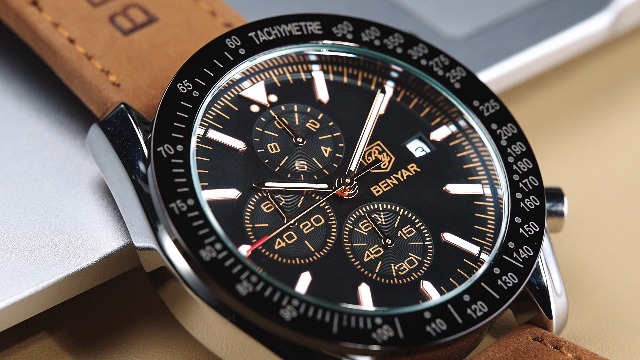 BENYAR Orologio Uomo Cronografo – Quadrante 43 Mm, Cinturino In Pelle Marrone, Movimento Al Quarzo, Impermeabile 30M