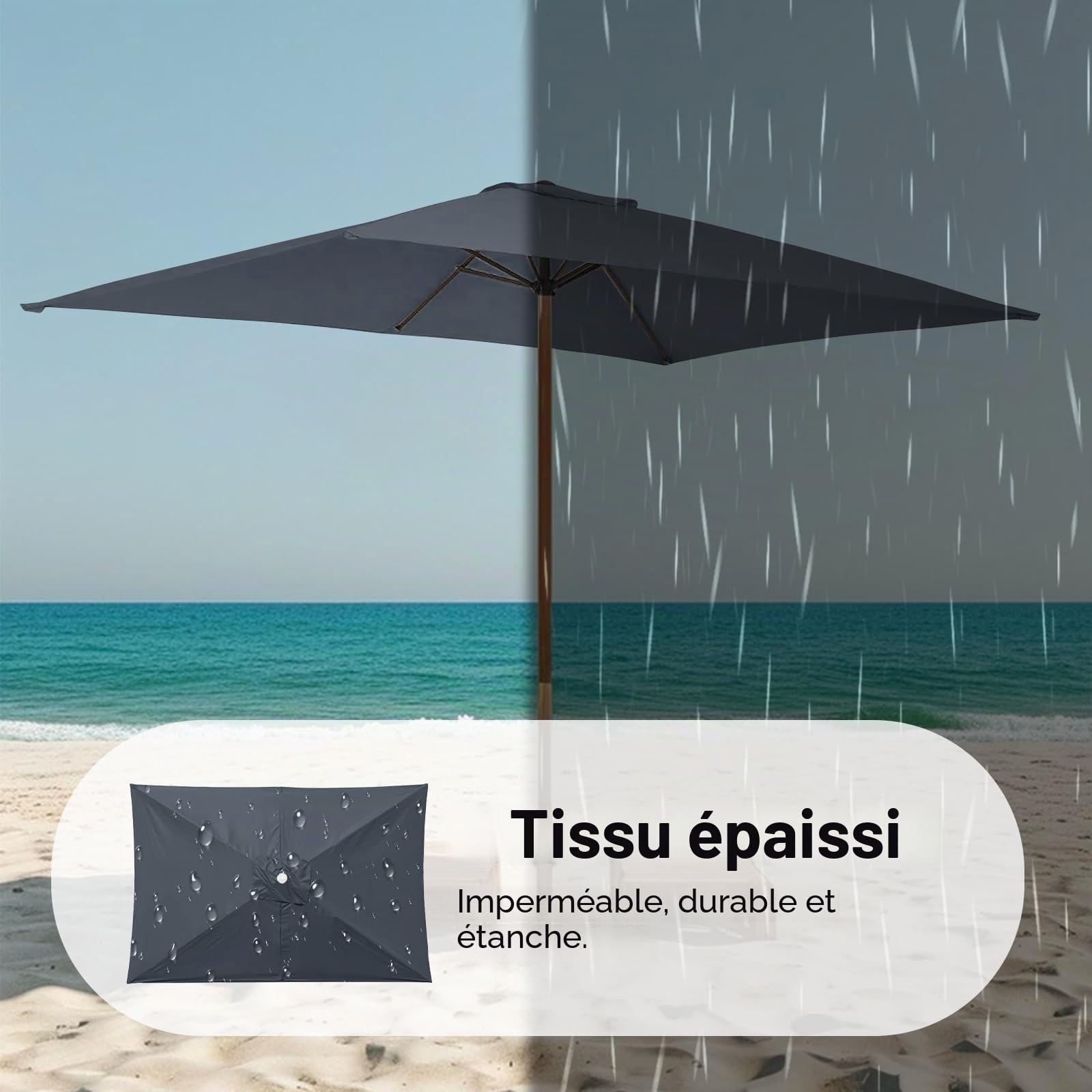 Toile de Remplacement Parasol Rectangulaire à 6 Nervures, 197*297cm, Toile de Remplacement Parasol Pare-soleil, sans Support, Toile Parasol Anti-Ultraviolet Tissu de Remplacement Parasol