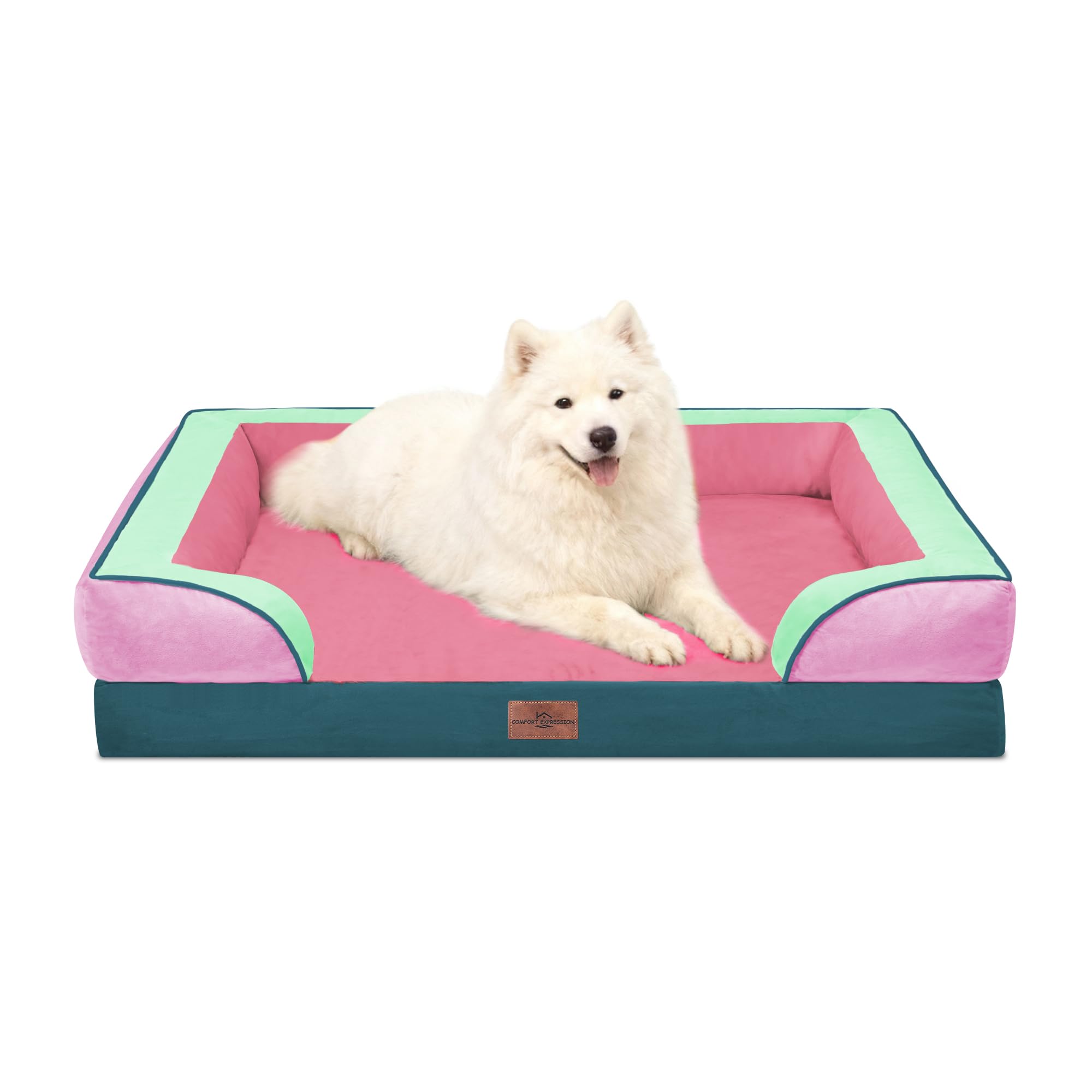 Comfort Expression Orthopedic Dog Bed for Large Dogs 36x27 Inch, Waterproof Egg Crate Foam Large Pet Bed with Removable Bolsters, Dog Couch with Washable Cover & Non-Slip Bottom, Mint-Berry Dream