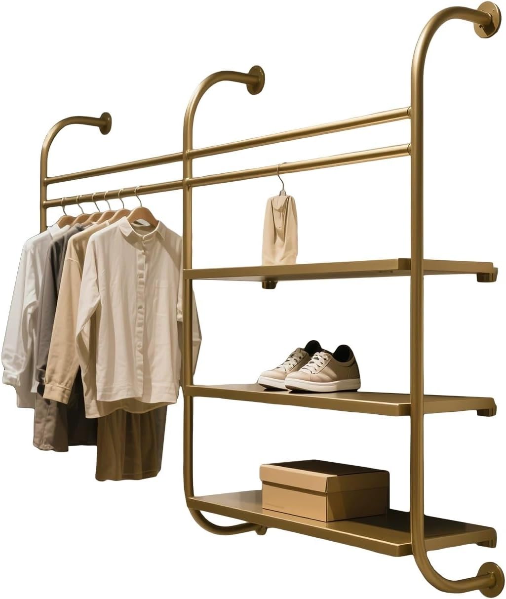 MXL&LJB Industrial Pipe Clothes Racks with 3 Shelves, Wall Mounted Heavy Duty Clothing Rack Rod for Wardrobe, Bedroom and As Walk-in Closet System(120cm)