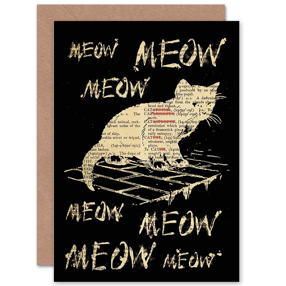 Wee Blue Coo Greetings Birthday Gift Upcycle Cat Dictionary Meow Animal Sealed Greeting Card Plus Envelope Blank inside