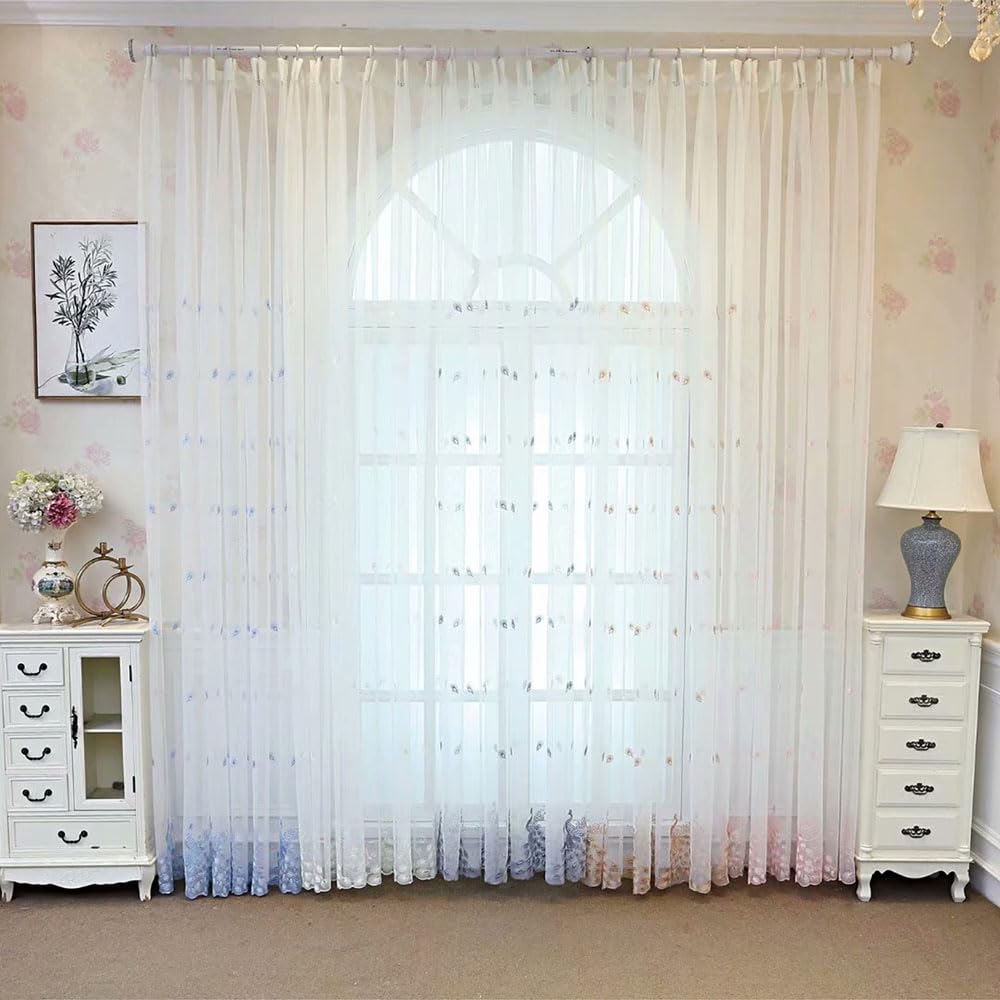 MObyat Rideaux en Tulle brodés de Luxe pour Le Salon Blanc/Bleu/doré Oiseaux Tulle Multicolore en Option-Jaune café, 1 pièce W200xH260 CM, Tirez Le Ruban plissé