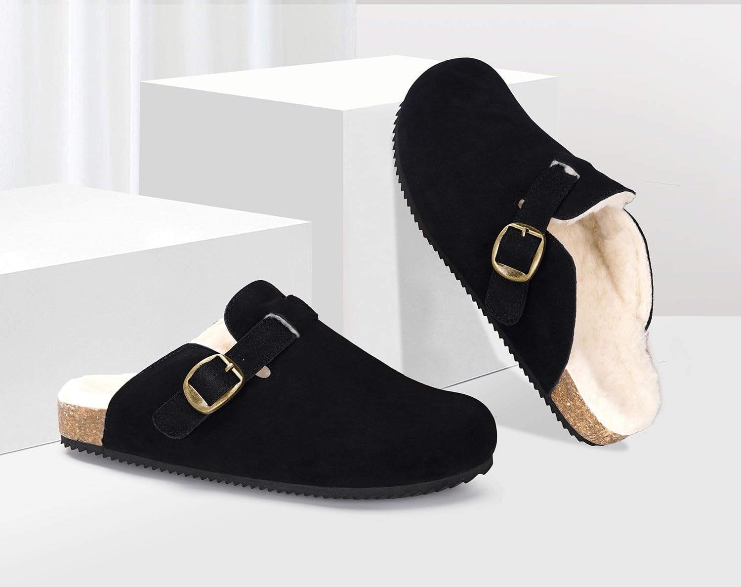 Womens Fur Lined Suede Clogs Mens Fuzzy Leather Mules Cork Footbed Slip On Winter Potato Shoes with Arch Support - Image 2
