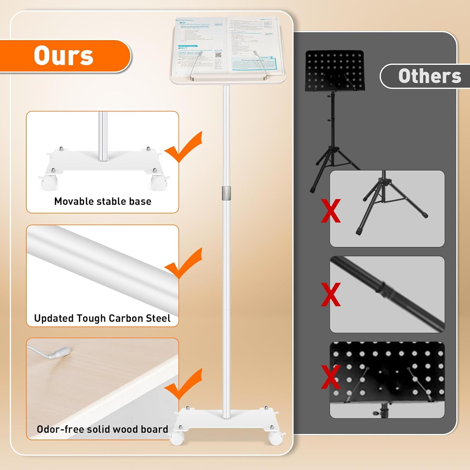 Rolling Book Stand with Wheels for Reading, Floor Standing Book Holder with Page Clips, 19"–51" Height Adjustable, Sturdy Podium Stand for Reading, Bible, Laptop, Cookbooks, or Projector
