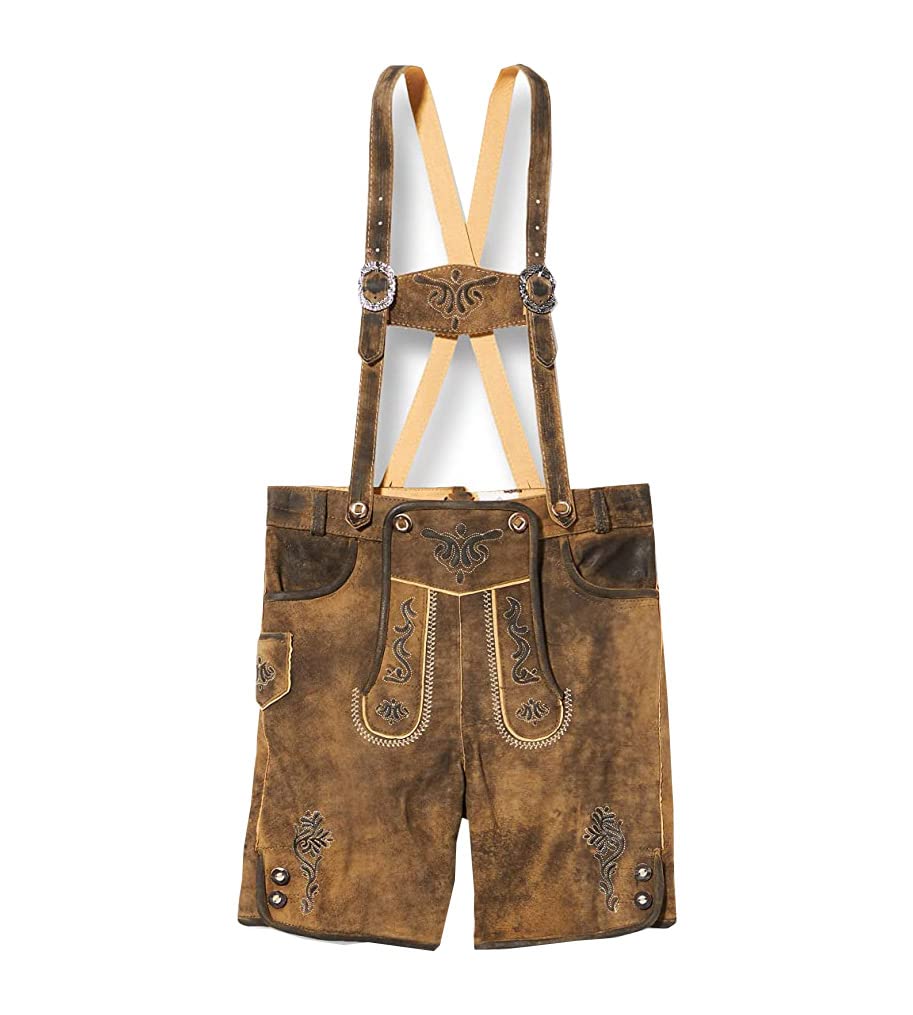 Isar-Trachten Jungen Kinderlederhose kurz Eiche braun Bestickt, Eiche (braun) mit Träger,