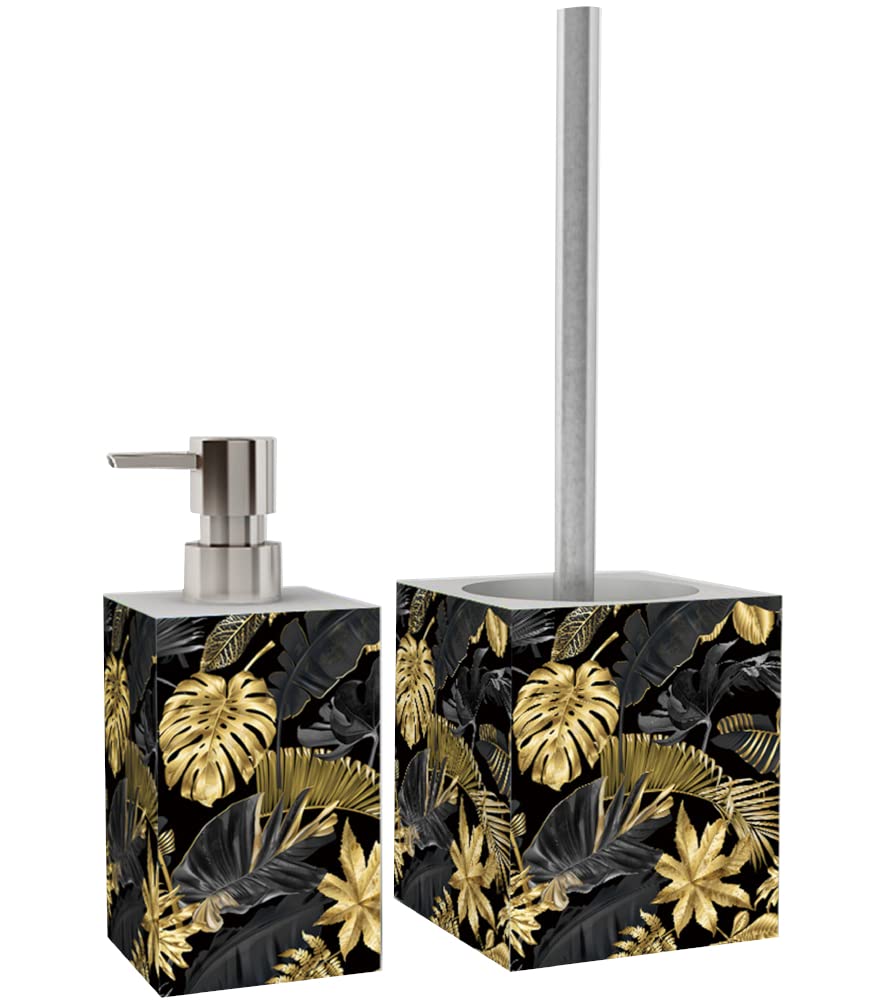 Sanilo Salle de Bain Set | Grande sélection | Distributeur de Savon et Brosse de Toilette | Design élégant, Chic | Un bel accroche-Regard pour la Salle de Bain (Golden Leaves)