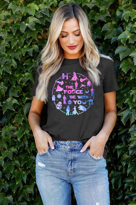 Image of FRYAID Women May The Power Be with You Graphic T Shirt Short Sleeve Casual Tops Summer Fun Vacation Shirt Soft Casual Fit