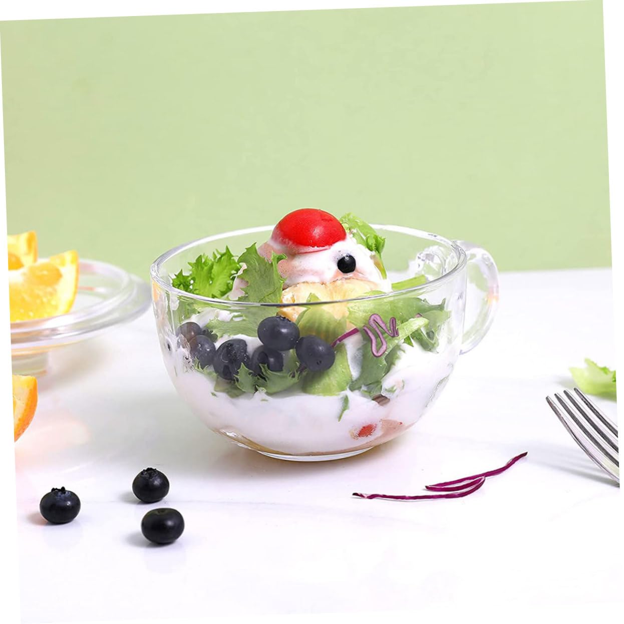 Cuenco de Desayuno de Vidrio con Tapa y Asa, 450ml, Transparente, para Yogur, Sopa y Cereales en Cocina y Restaurante