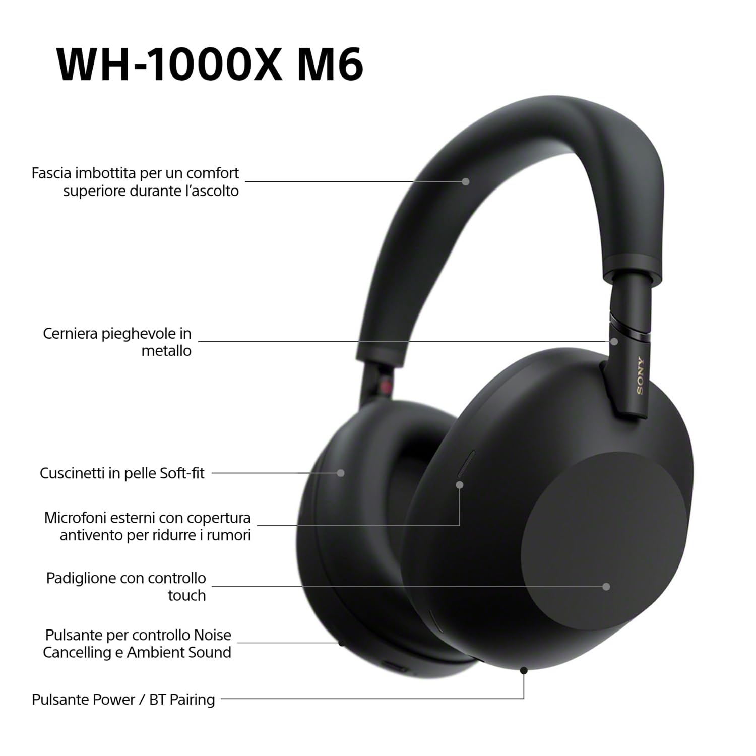 Sony WH-1000XM6 Cuffie wireless Premium con cancellazione del rumore, audio Hi-Res, massimo comfort, design pieghevole, custodia resistente, batteria da 30 ore NC On, iOS e Android - Black