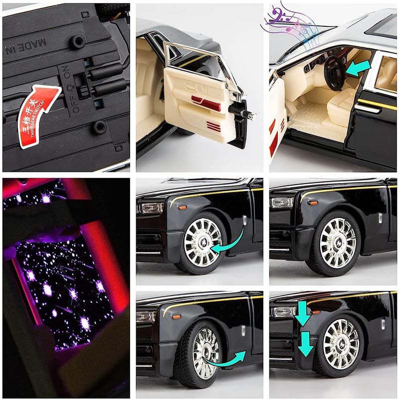 Image of PINQUE Kids New Car 1:24 Phantom Diecast Alloy Metal Pull Back Car with Openable Doors Music Sound and Light Vehicle Toy Car for Boys (Silver)