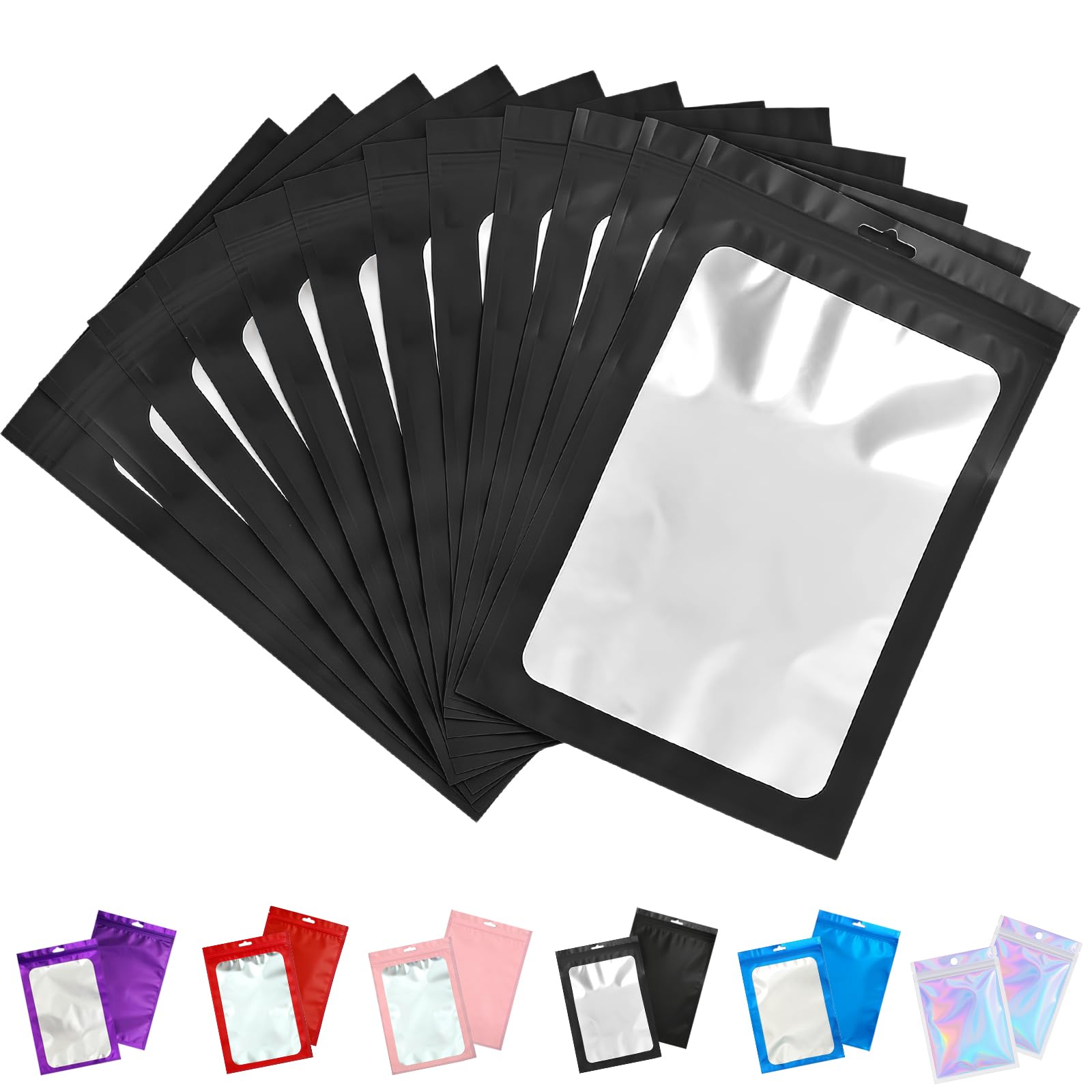 50 PCS Black Mylar Bags 12 x 20 cm, Resealable Smell Proof Food Storage Pouches, Heat Seal Foil Zip Lock Bags for Cookies, Snacks, Tea, Gifts and Small Packaging Bag