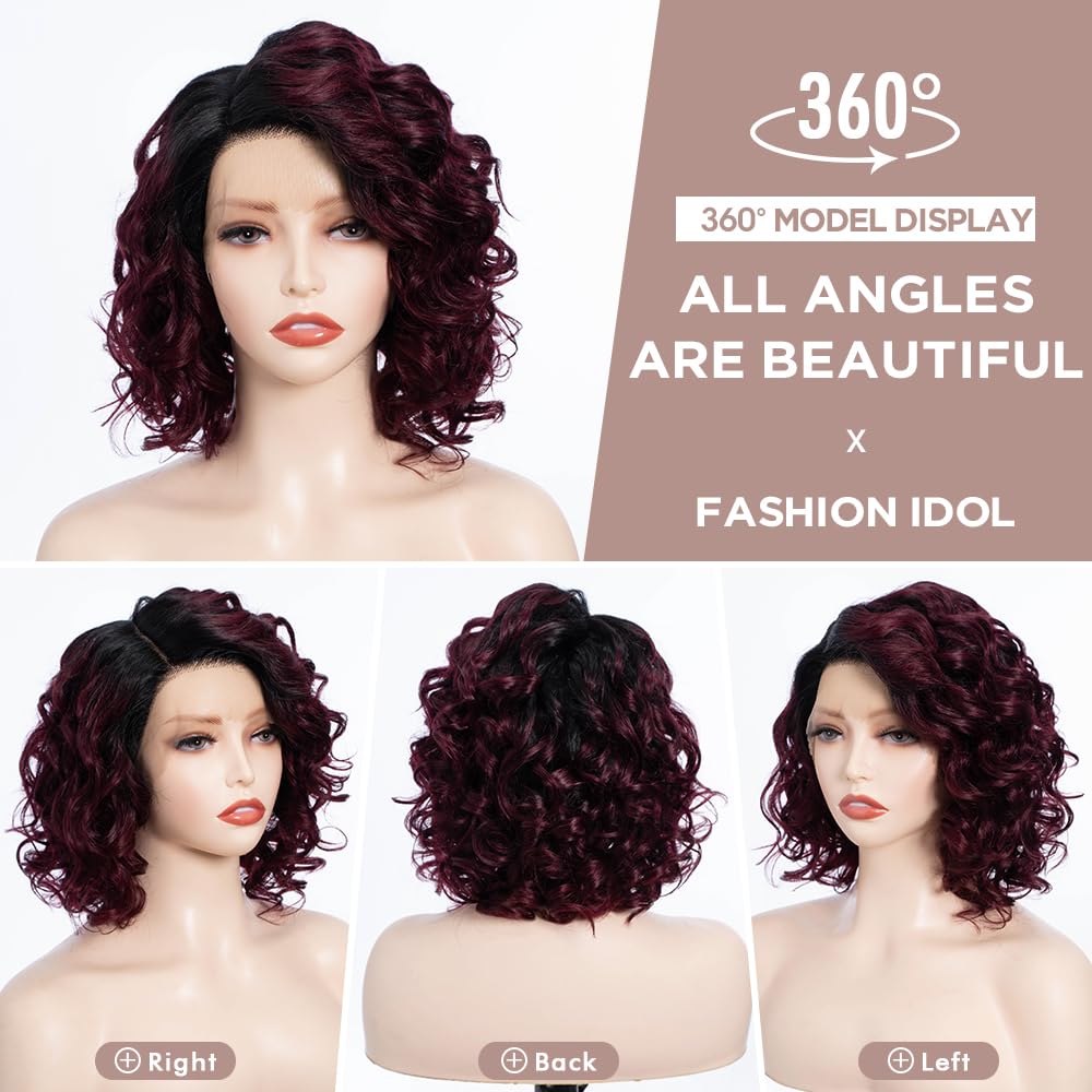 FASHION IDOL Short Water Wave Lace Front Bob Wigs for Women Human Hair Kinky Curly wig Side Part Shouder Lenth Wig Pre plucked with Baby Hair Natural Black 150% Density (12 Inches - Image 2