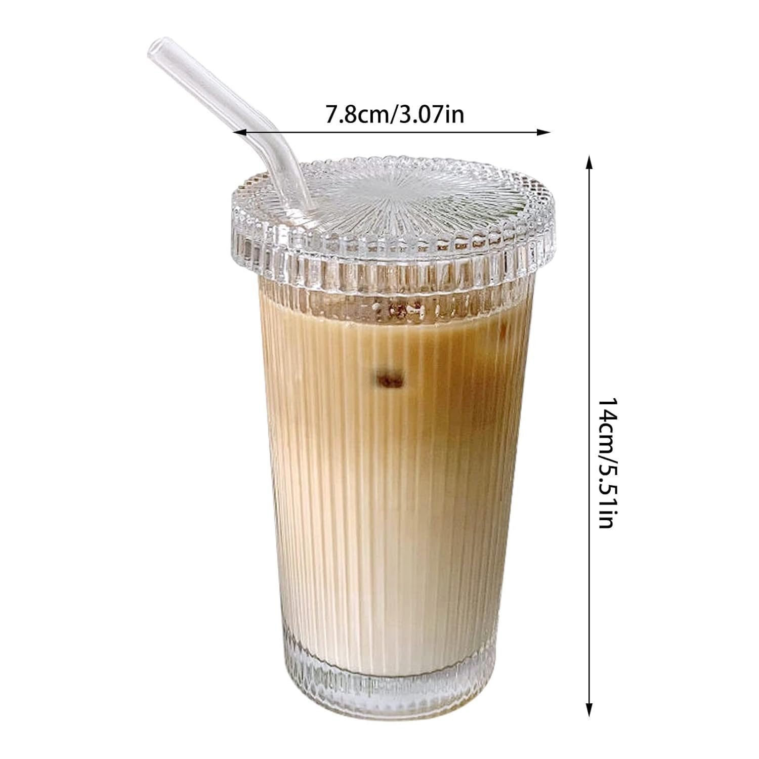 UGU ZONE Stripe Glass Tumbler 380 ml (12.5 oz) with Lid & Straw, Vertical Ribbed Drinking Glass Cup for Iced Coffee Water Milk Tea Juice, Reusable Glass Cup (A-Stripe) 3