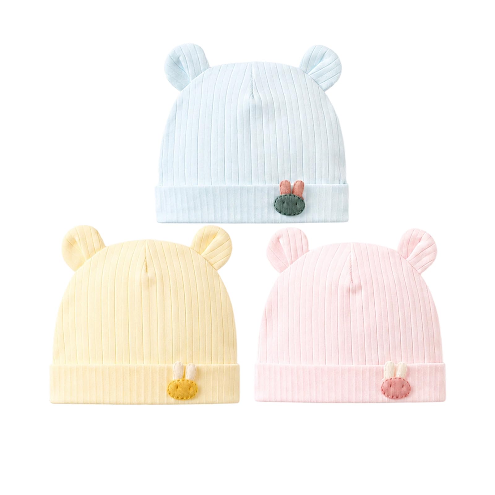 3Pcs Baby Caps for Born 0-3 Months and 0-12Months Set, Cotton Baby Cap Unisex, Cute Bear Hat Baby Beanie for Spring, Autumn and Winter Warmth, Pink, Yellow and Blue-image-25