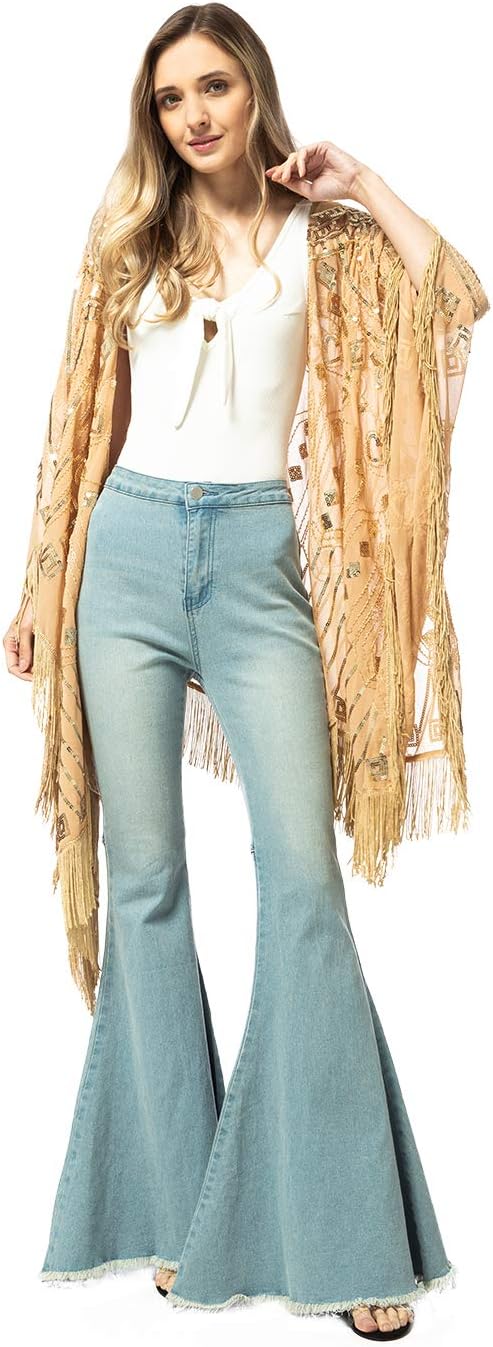 Anna-Kaci Womens Oversized Gatsby Hand Beaded Fringed Sequin Evening Shawl Wrap