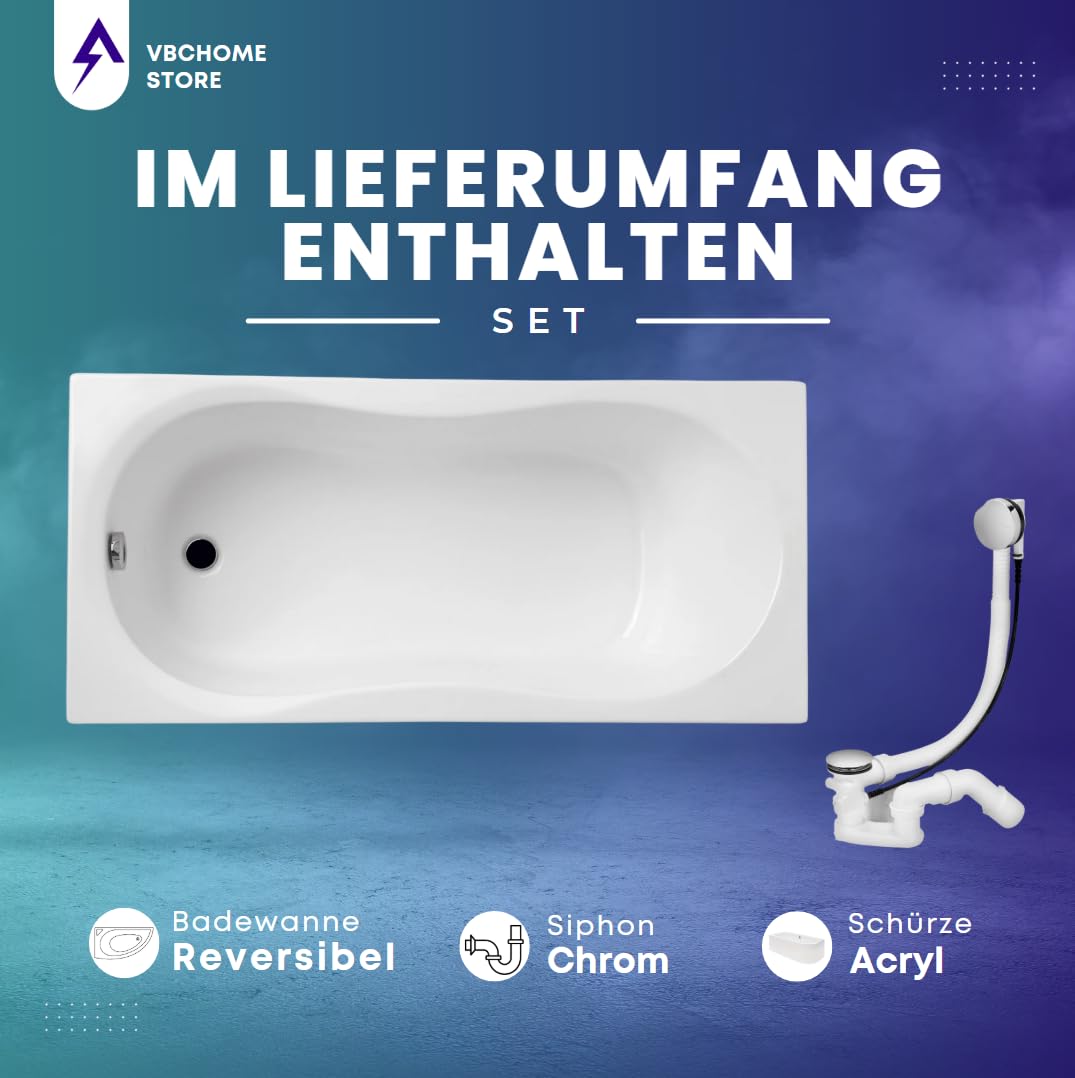 VBChome Badewanne 180x80 cm Weiß Acryl Schürze Wannenfüße Siphon Rechteckig Wanne Abfluss Design Modern Ablaufgarnitur in Chrom Badewanne mit Schürze