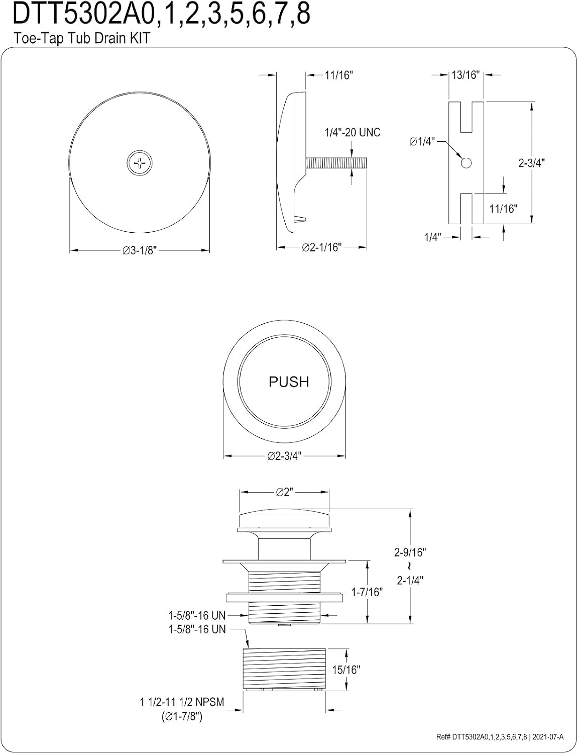 Kingston Brass DTT5302A0 Made to Match Easy Touch Toe-Tap Drain Conversion Kit, Tub, Matte Black