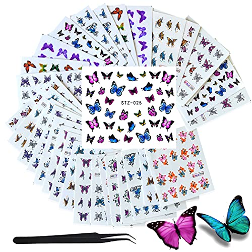 WOKOTO 30 Sheets Colorful Butterfly Nail Water Transfer Decals with 1Pc Tweezers 3D Design Nail Art Stickers Manicure Accessories for Women