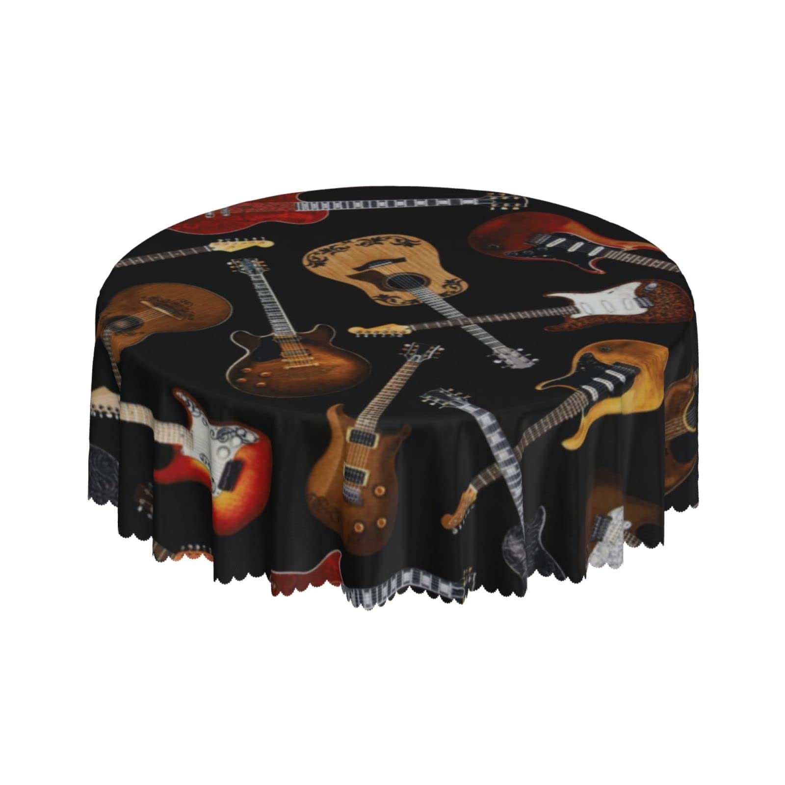 Lsjuee Guitar Music Black Round Tablecloth 60 Inch Printed Washable Tablecloth for Dining Party Holiday Fall Home Decorative