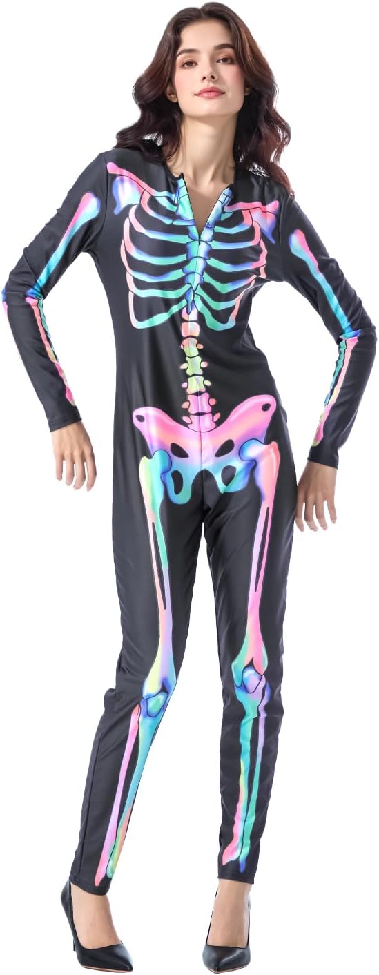Women Halloween Skeleton Costume, Double-Sided Rainbow Skeleton Jumpsuit, Blacklight Responsive By UV Light