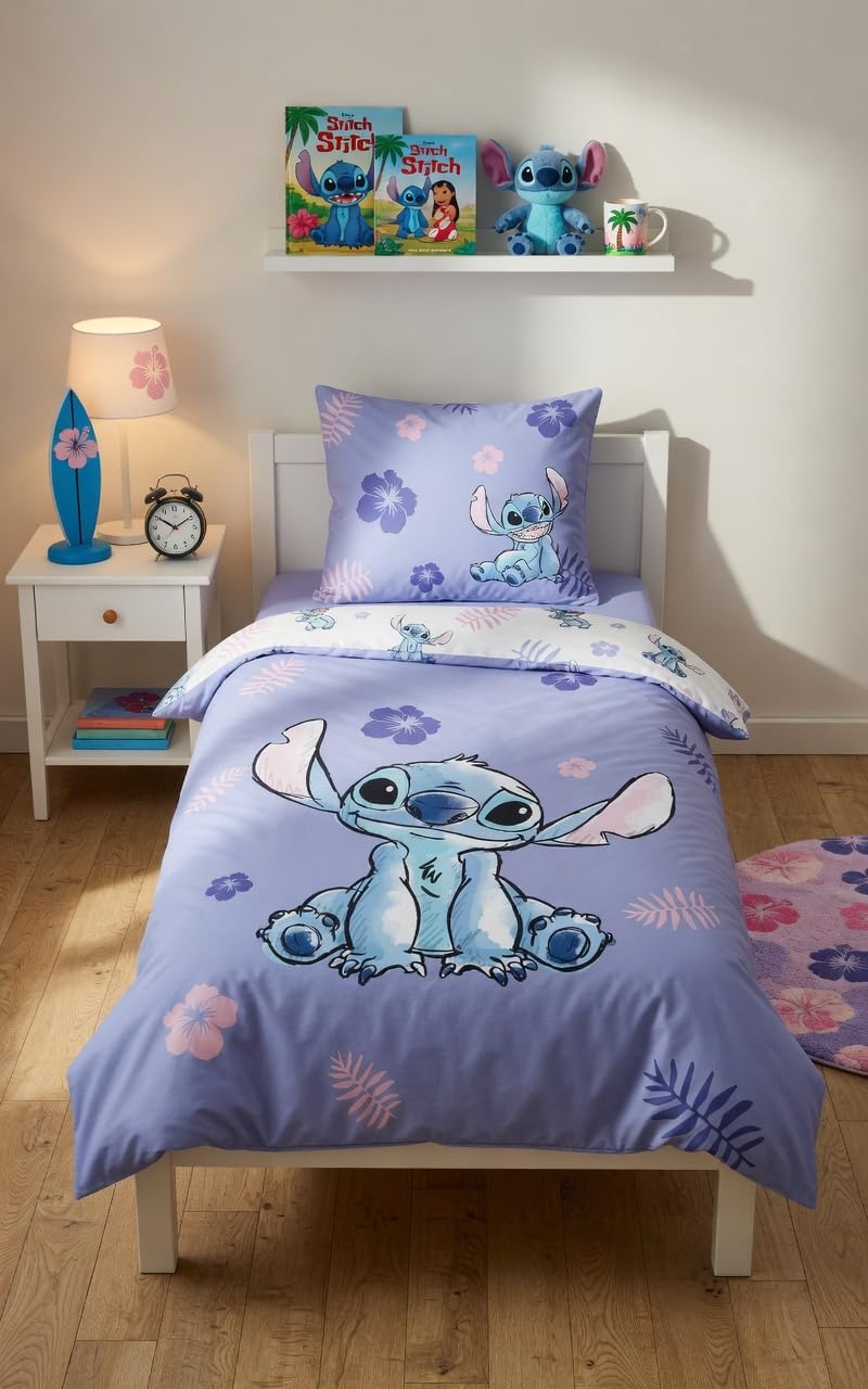 Stitch Lilo Blu Viola Copripiumino Singolo 140x200 + Federa 65x65 Cotone | Set lenzuola reversibile | Cotone naturale traspirante Oeko-Tex | Disney | Teen | Regalo | Lavabile in lavatrice