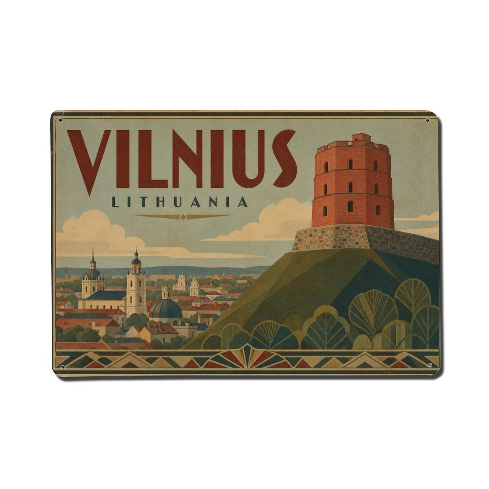 Travel Vintage Lithuania Vilnius Metal Tin Sign Plaque Wall Decor for Cafe, Club Bar, Office, Garden Metal Poster 8x12Inch