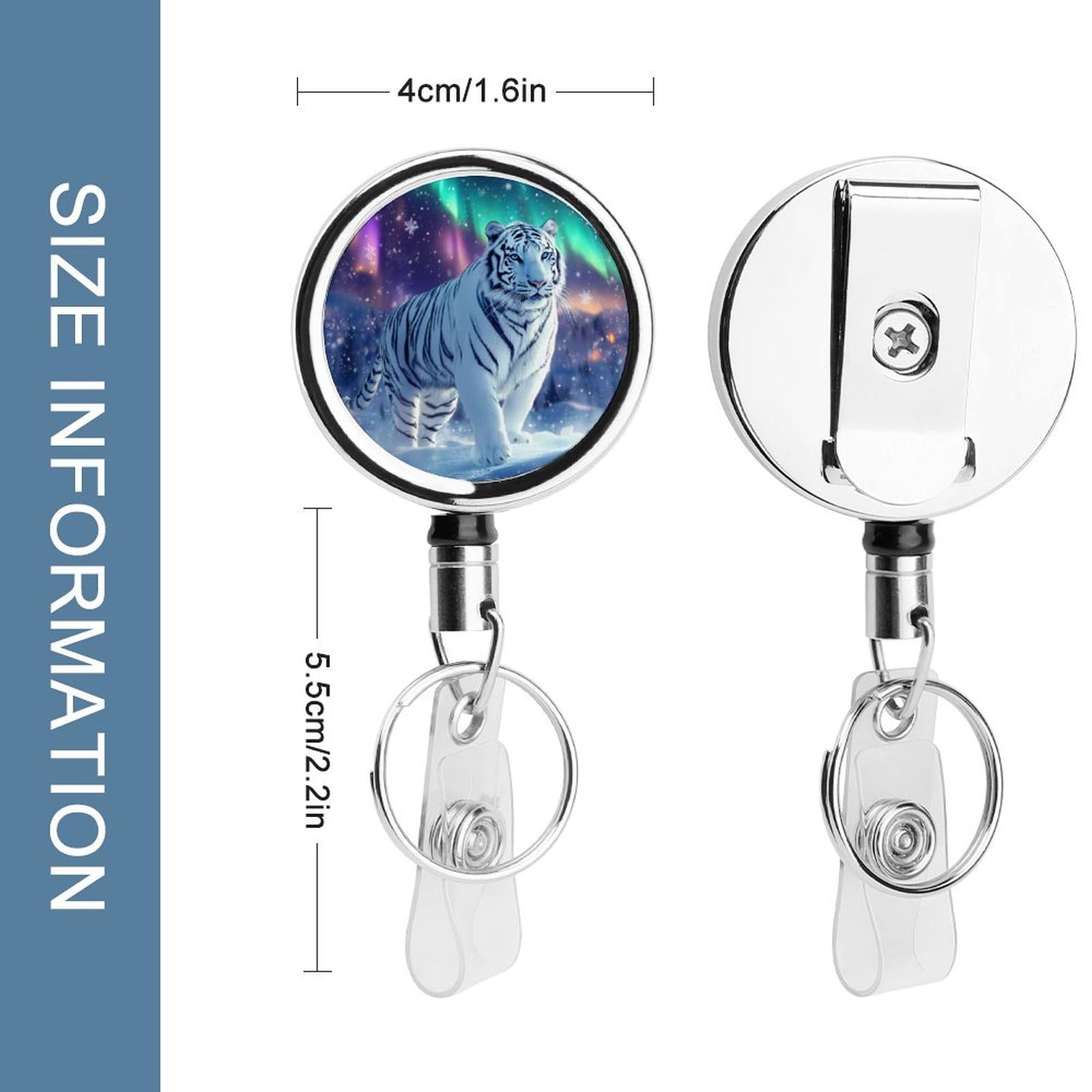 White Tiger Northern Lights Retractable Badge Holder Metal ID Name Holder Key Ring with Belt Clip