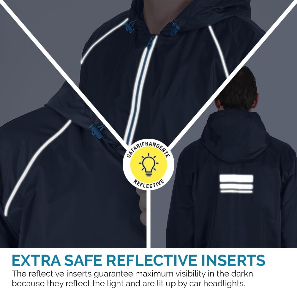 PERLETTI Veste Homme Impérmeable à Capuche Détails Réfléchissants - Coupe Vent Homme Résistant Léger Sport Running Pliable - Poncho Veste de Pluie Neige Impermeable Voyage Fluo Hiver