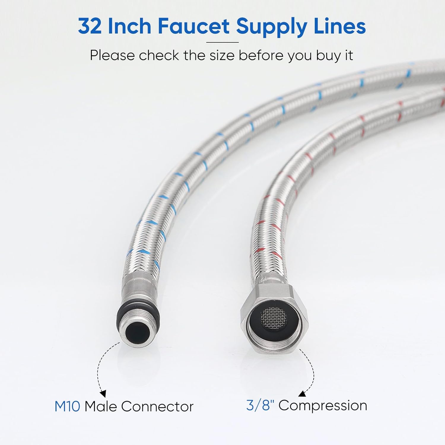 32" Length Faucet Supply Lines 3/8" Comp x M10 Male Connector Line Braided Stainless Steel Nylon Sink Hose Extension for Bathroom Kitchen Faucet 2Pcs (1 Pair)