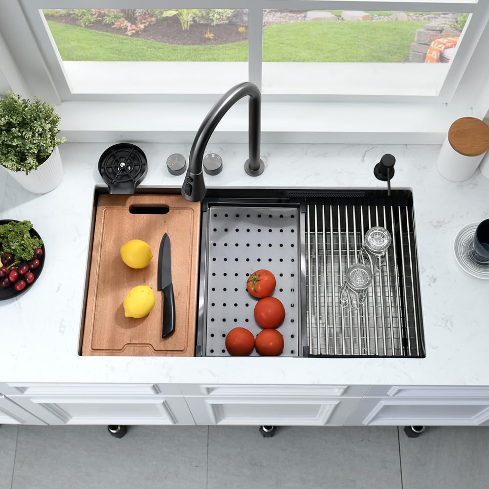 33 Inch Black Waterfall Kitchen Sink Undermount Workstation-Bokaiya 33x19 Undermount Black Stainless Steel Kitchen Sink with Waterfall 16 Guage Multifunction Single Bowl Sinks with Cutting Board