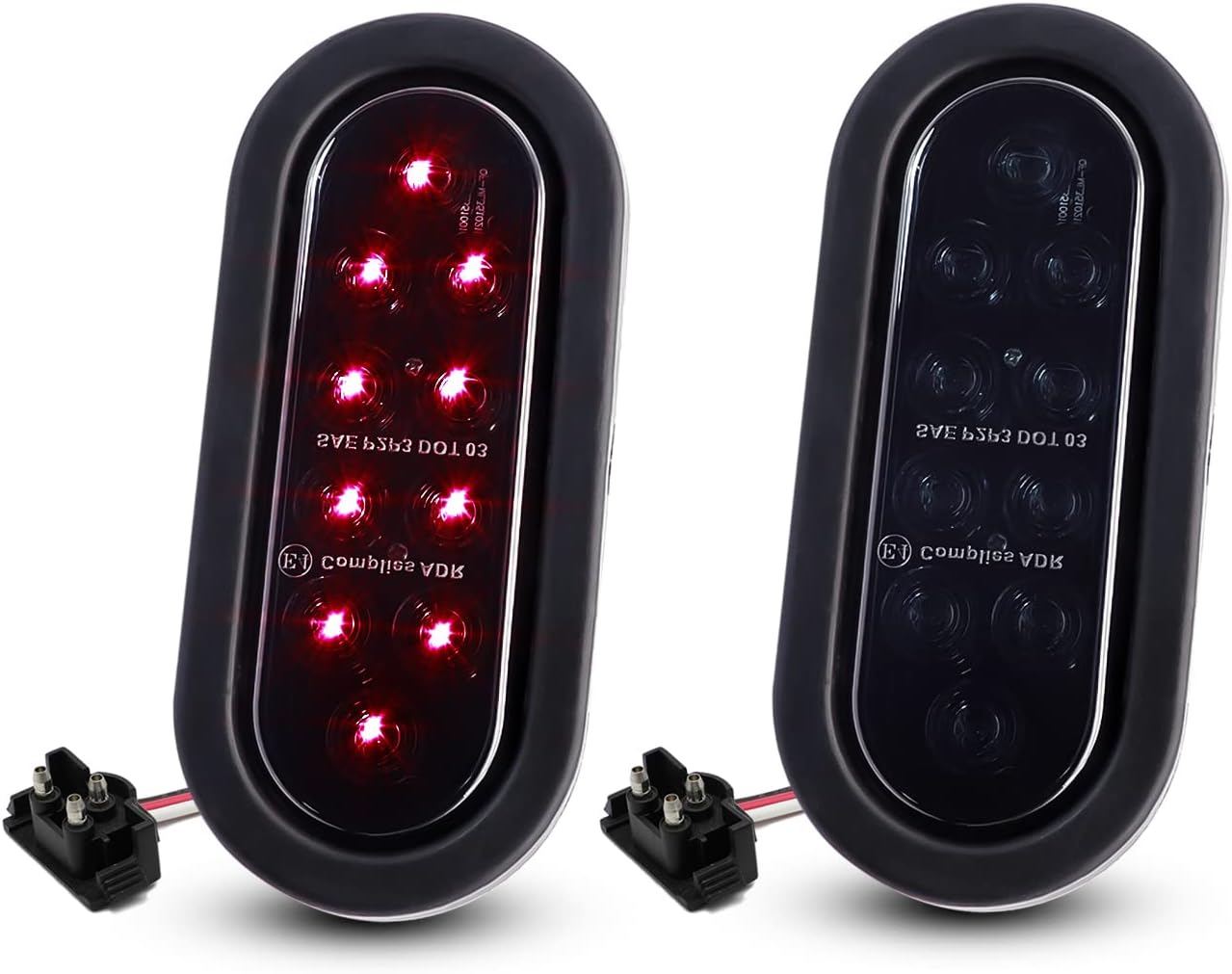 TMH Pack of 2 6 Inch 10 LED Smoked Lens Oval Flush Mount Red Stop Turn Signal Brake Marker Tail LED Light for Truck Trailer RV Bus 12V Rubber Grommet Plug Included
