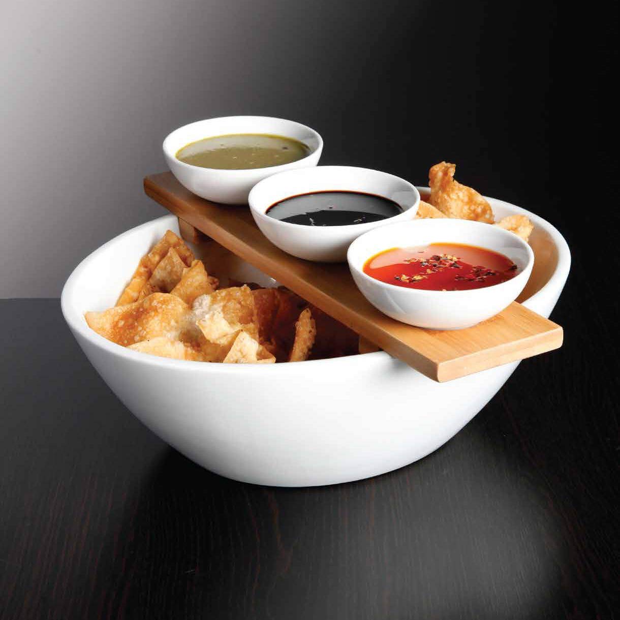 Le'raze Elegant Chips and Dip Serving Bowl, Ceramic Condiment Dip Sauce Ramekins Set, Elegant 5 Piece Serving Set with White Bowls & Bamboo Tray