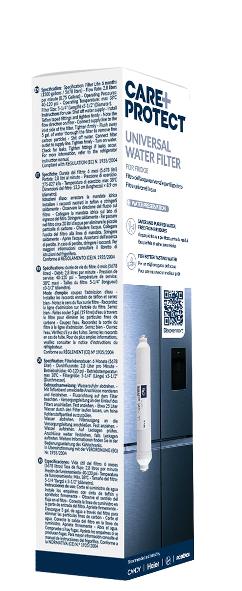 CARE+PROTECT Uniwersalny filtr do wody do lodówki - usuwa metale ciężkie, pestycydy, chlor, fluor, poprawia smak i zapach, odpowiedni dla różnych marek