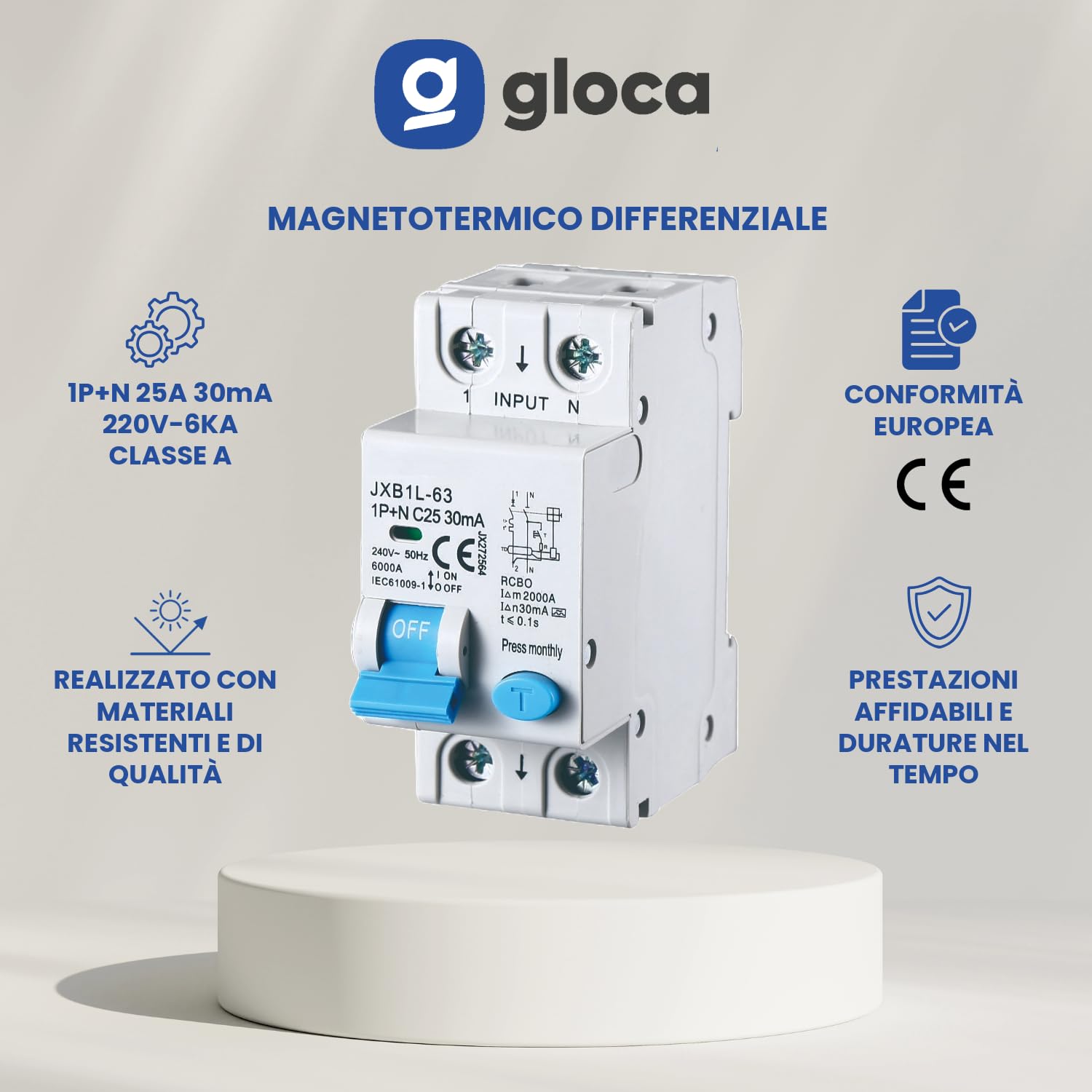 gloca Interruptor magnetotérmico diferencial 1P+N 25A 30mA 220V 6KA 2 módulos DIN C25 Clase A