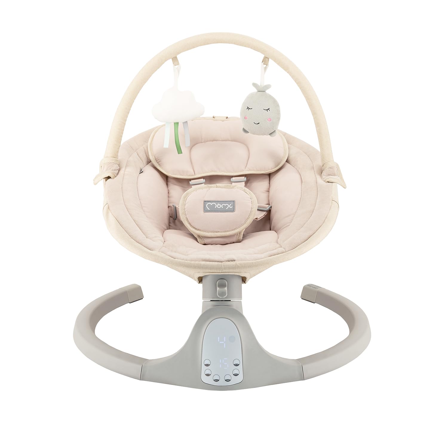 Balancelle MoMi KENANI SAND jusqu'à 9 kg, écran LED, télécommande, Bluetooth pour smartphone, alimentation piles/secteur, harnais de sécurité 5 points, arche et jouets