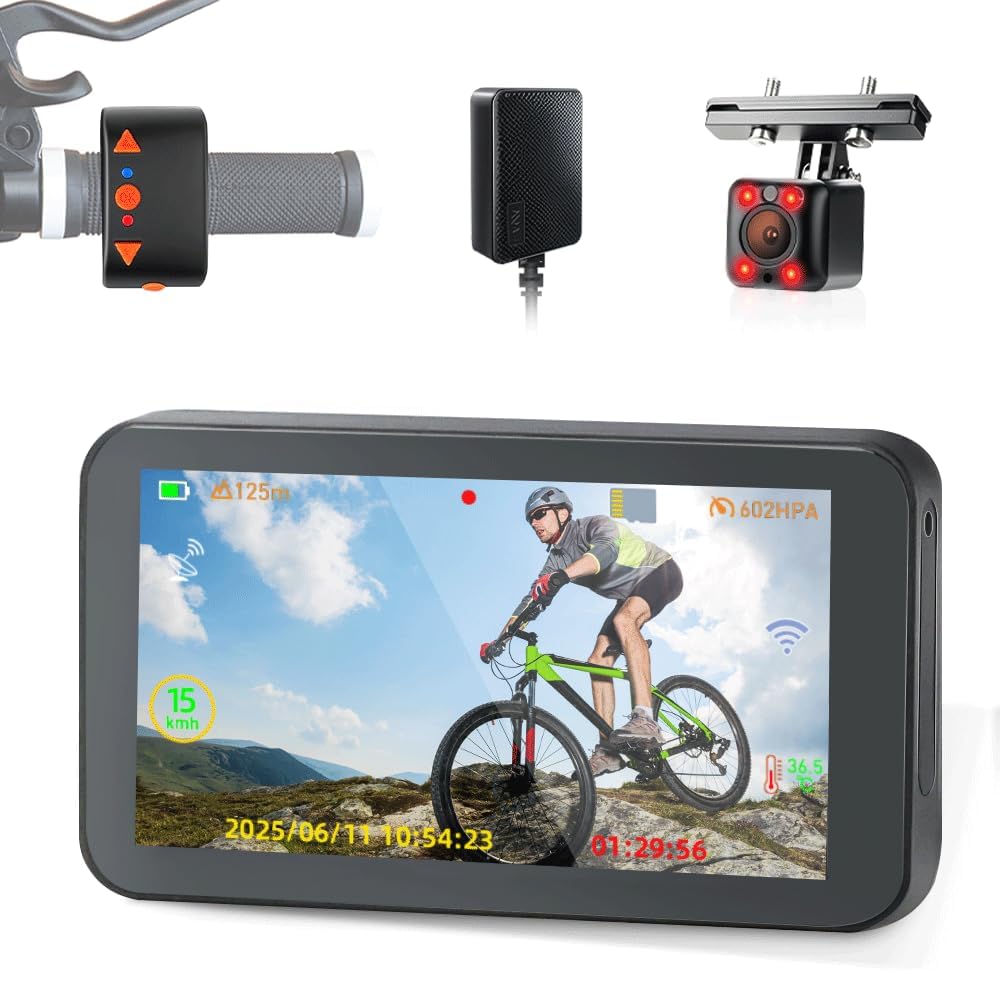 Telecamera Posteriore per Bicicletta VSYSTO, WiFi GPS da 4,5 Pollici 1080P con Visione Notturna a Infrarossi, con Modalità di Guida, Display di Chilometraggio e Calorie, Promemoria di Spegnimento