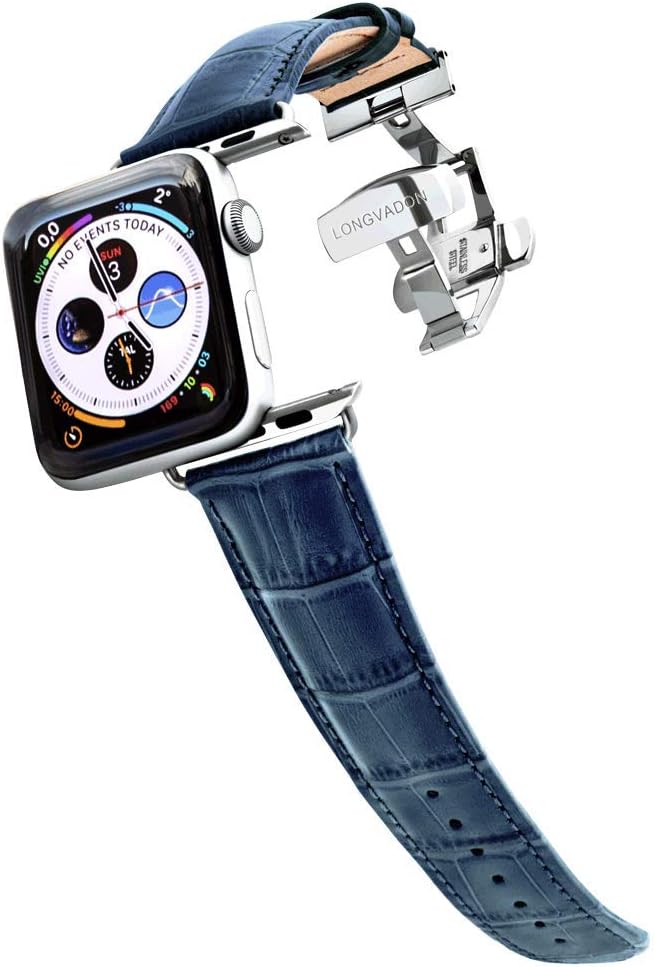Longvadon Leather Apple Watch Bands for Men - Compatible with Apple Watch Series 1-8 (42, 44 & 45MM) - Genuine Apple Watch Leather Band - Caiman Series - Navy Blue/Silver Details - XL Size
