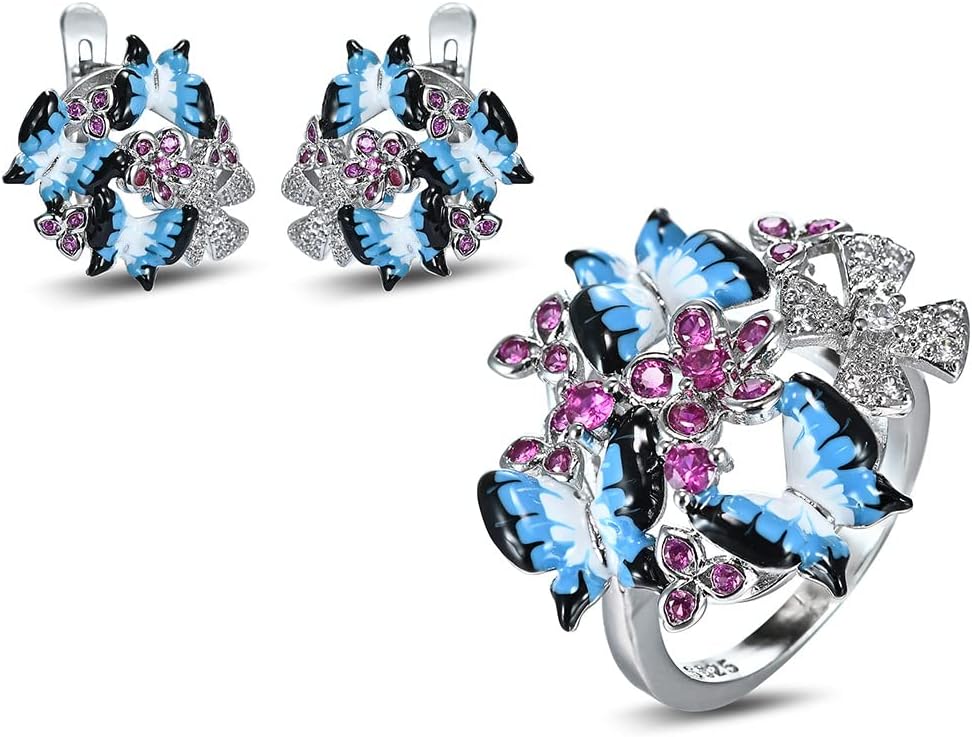 GRHOSE 925 Sterling Silver Plated Leaves Flower Bridal Jewelry Colorful Enamel Jewelry Set CZ Simulated Diamond Butterfly Amethyst Party Jewelry Set for Women