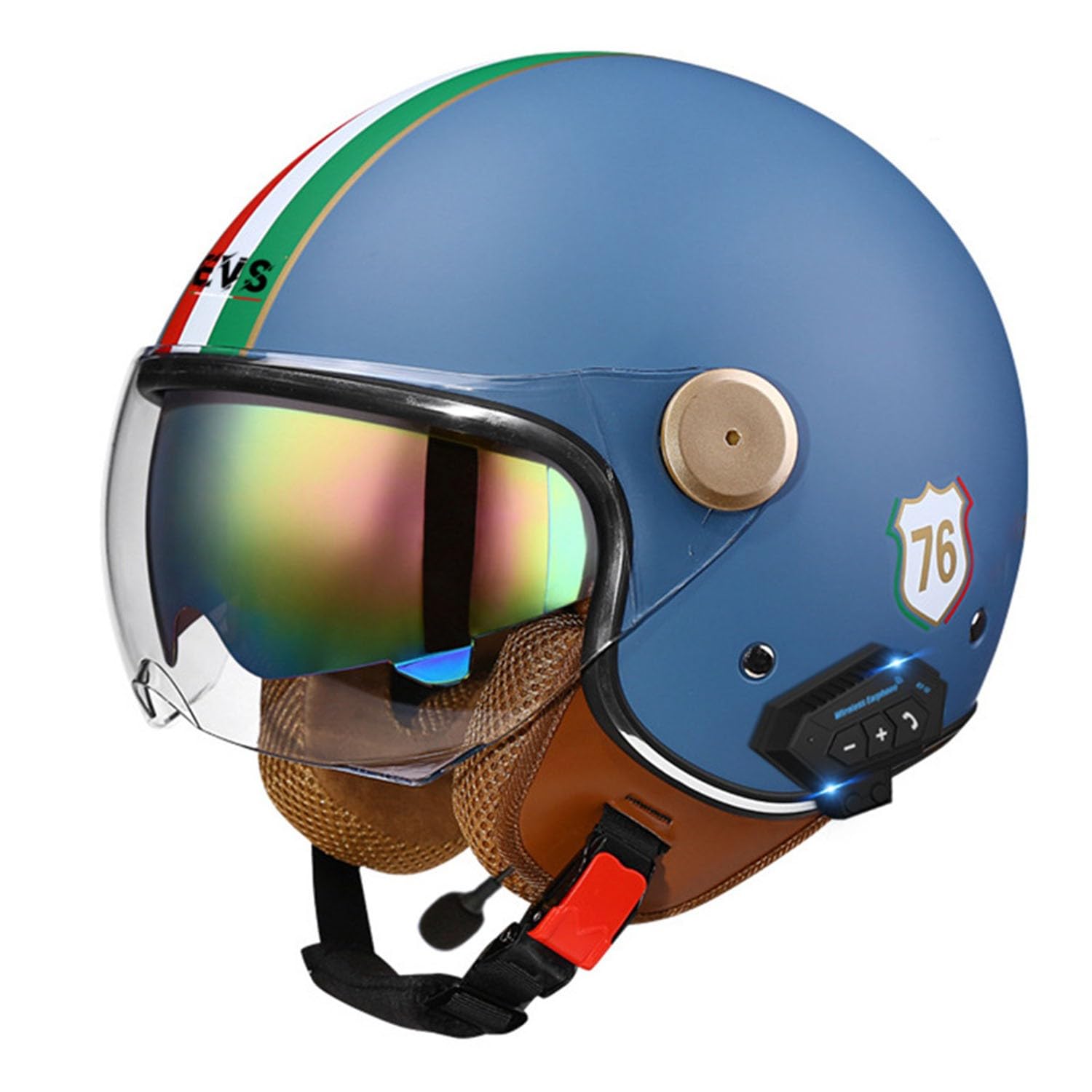 Casco Retro De Moto Cara Abierta Bluetooth,Jet Casco Aprobado ECE 3/4 Estilo Vintage Casco De Motocicleta Media Cubierta con Visera Solar Hombres Mujeres Casco Protector
