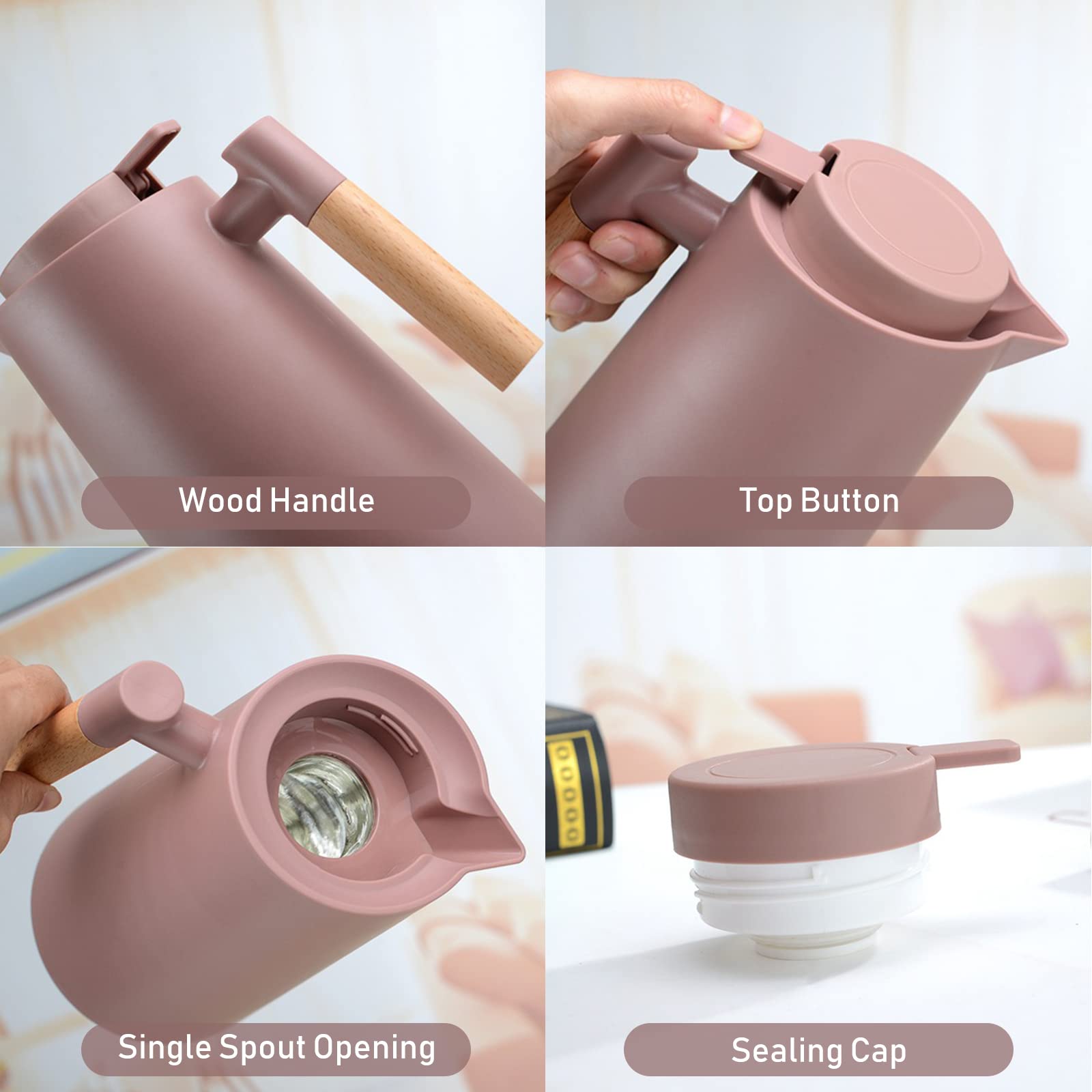 ERYUE 1L Carafe à café thermique Double paroi Thermos Pot avec manche en bois