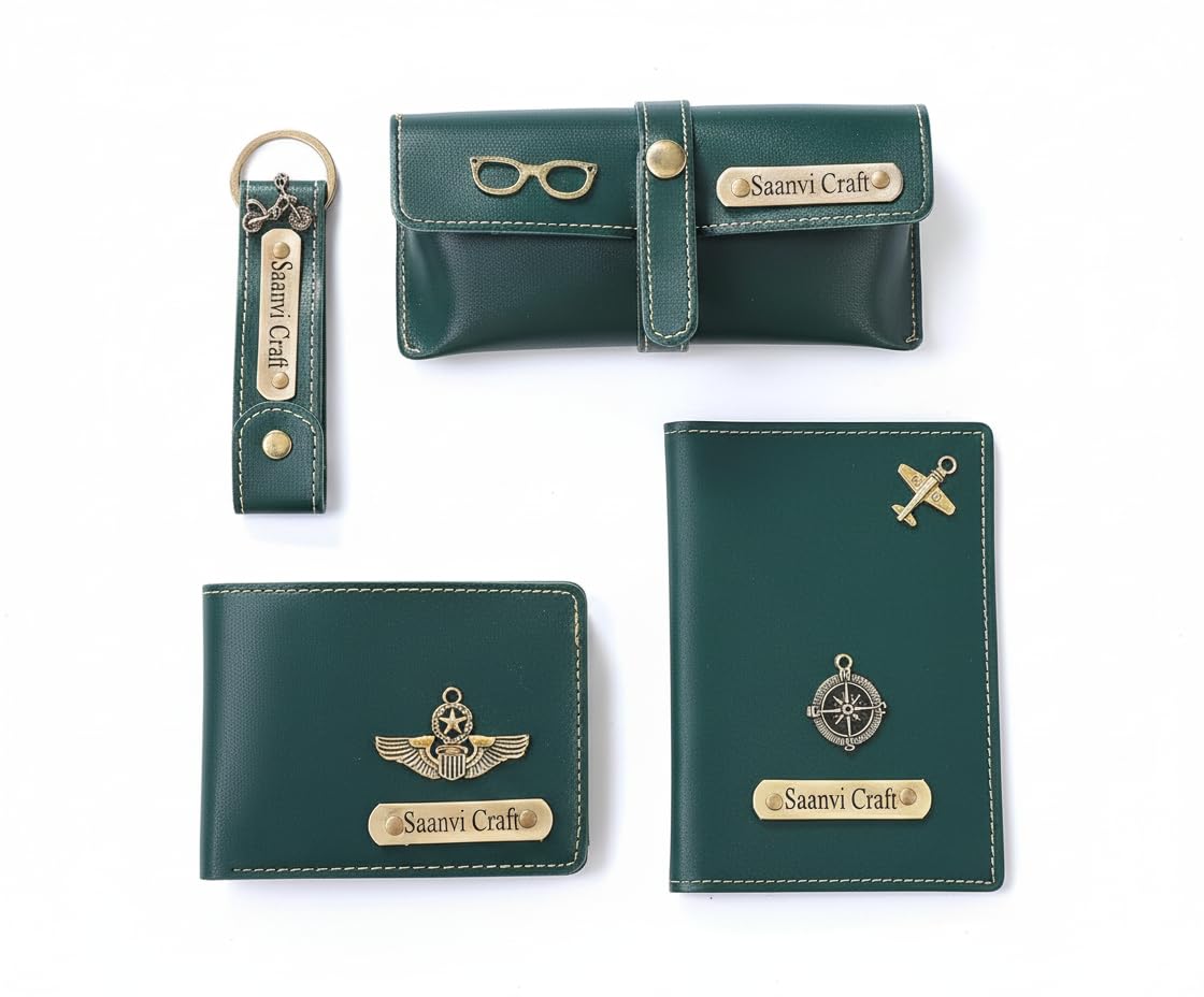 Dream Gift GLORE Your Name Leather Unisex Customized Passport Holder and Men's Wallet with Key Chain, Personalized Gifts, Personalized Accessories, Multicolor (Green)